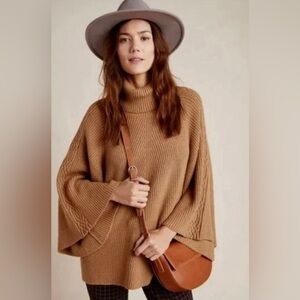 ANTHROPOLOGIE Kali Turtleneck Poncho Sweater Honey Brown Knit
